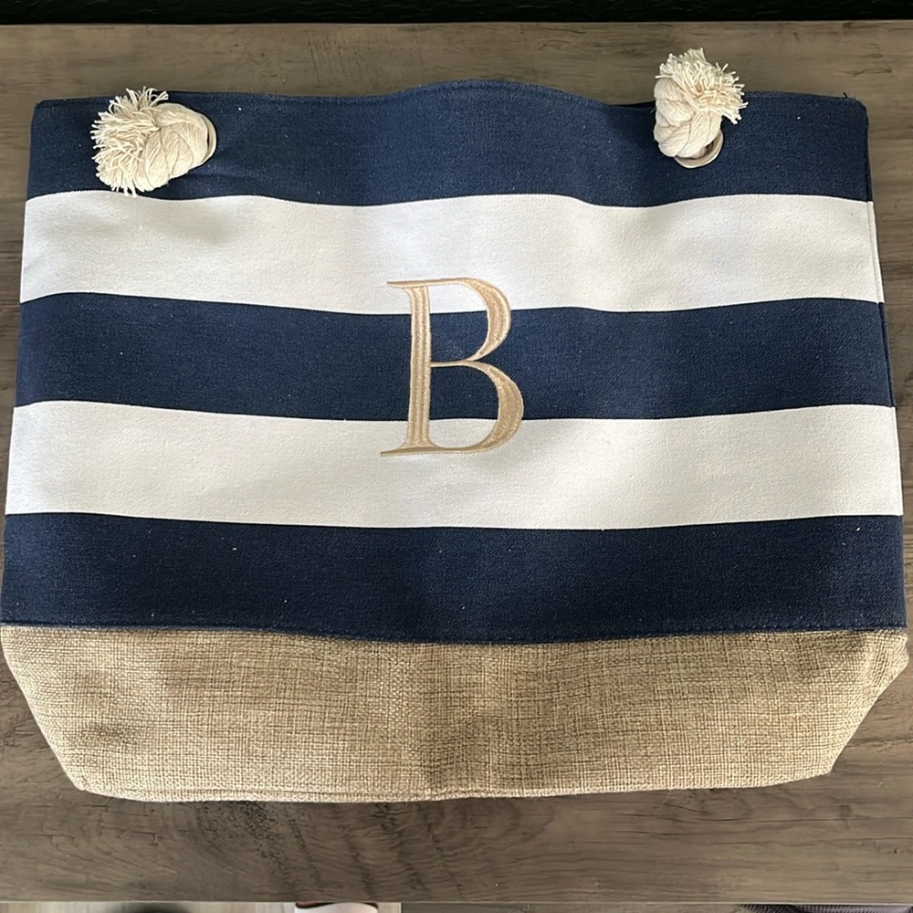 Blue and white striped bag.
